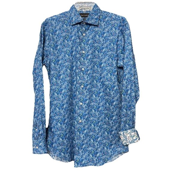 Paul Fredrick Slim Fit Paisley Dress Shirt 15 Blue Flip Cuff Long Sleeve Button - Picture 1 of 10